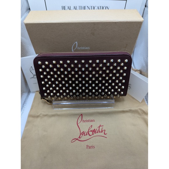 Christian Louboutin Panettone Wallet Calf Spikes Orthodoxe Burgundy Box Dustbag - Picture 1 of 17